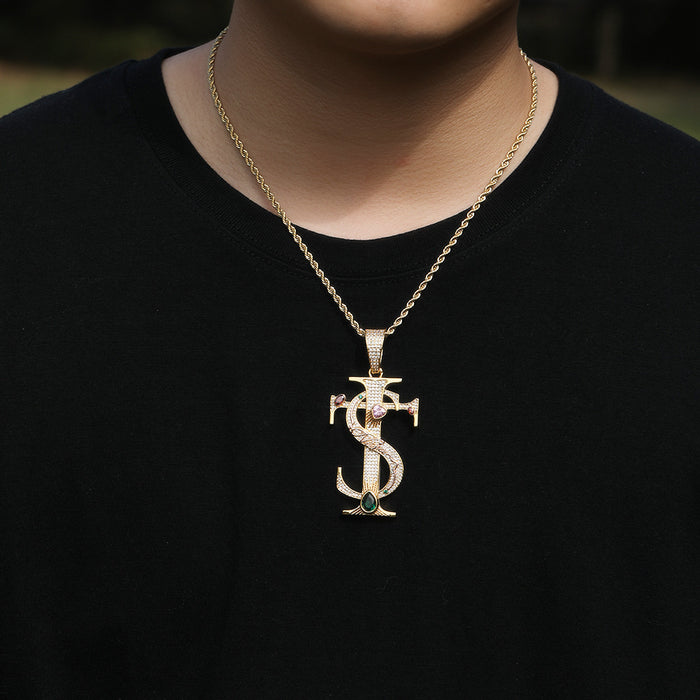 Wholesale Cross Pendant Necklace Men's Trendy Versatile Copper Inlaid Zircon Accessories