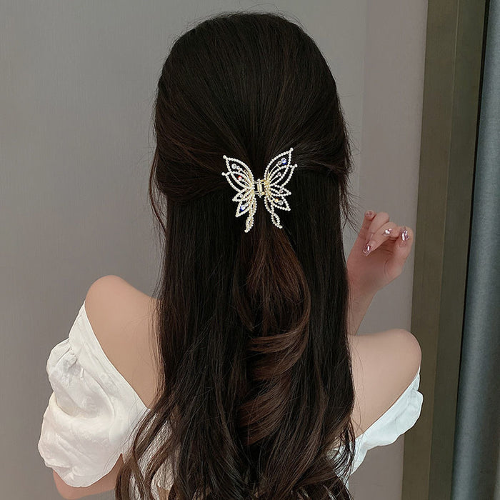 Wholesale Sweet Pearl Rhinestone butterfly clip female hair accessories back head hairpin