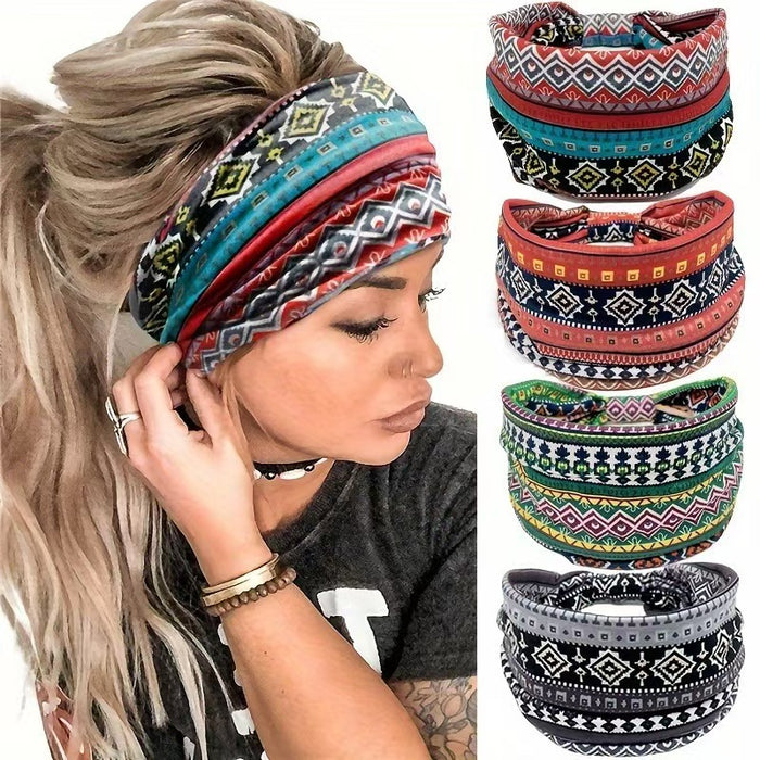 Wholesale Bohemian headband ethnic style printed yoga headband wide edge elastic headband sweat-absorbent headf headdress