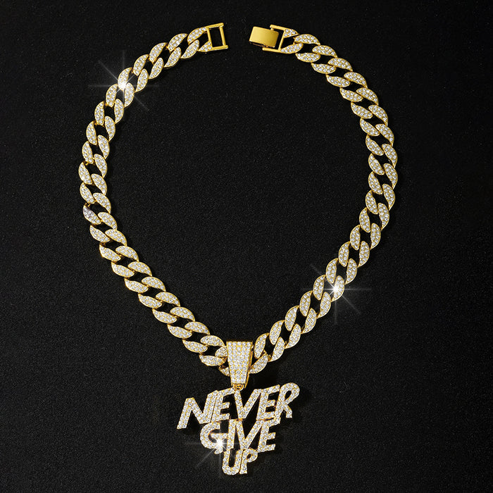 Wholesale Alloy Letter NEVERGIVEUP Punk Style Pendant Full Diamond Super Men's Cuban Chain