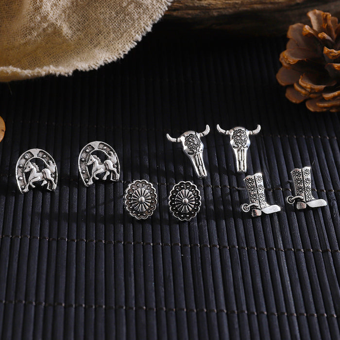 Wholesale Retro ethnic style cowboy earrings Creative design horseshoe bull head flower shoe and hat accessories