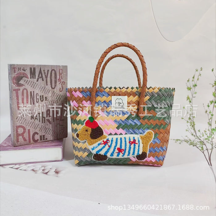 Wholesale Woven Basket Bag Shoulder Hand Bag Cute Rattan Cloth Cartoon Woven Bag