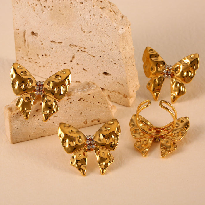 Wholesale Popular and versatile stainless steel butterfly patterned zircon earrings with light luxury and high-end feel, earring ring set