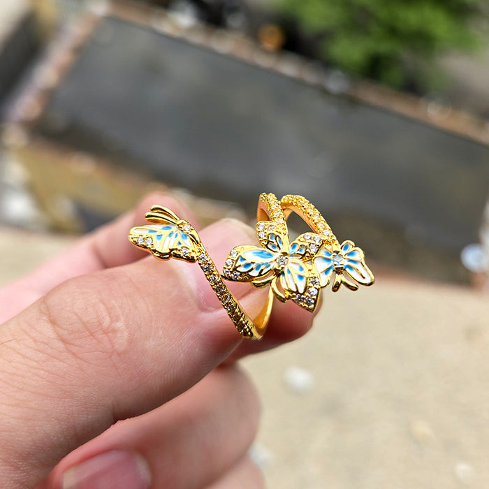 Wholesale New Dynamic Design Dreamy Dancing Butterfly Enamel Exquisite Opening Adjustable Ring