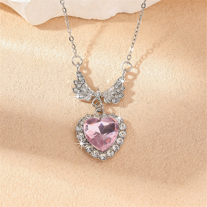 Wholesale Heart Wings Rhinestone Necklace Pink Jewelry Accessory MOQ≥2