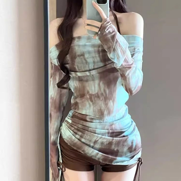 Wholesale Swimsuit split three piece long sleeved fashionable tie dye top sexy bikini slimming slim fit swimsuit