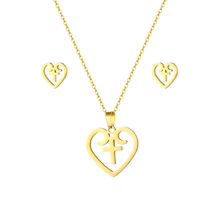 Wholesale Amazon's new stainless steel hollow heart cross necklace earring set smooth jewelry wholesale