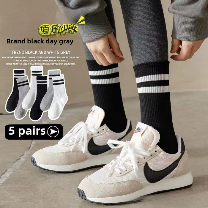 Wholesale Socks with parallel bars, mid length socks, pure cotton casual sports long socks