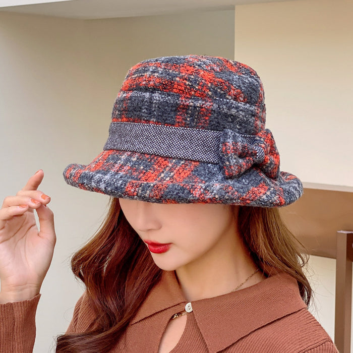 Wholesale Hats for Women Plaid Wool Warm Fisherman Hat Autumn and Winter Round Top Fashion Bow Basin Hat Korean Style Roll Brim Small Hat JDC-FH-DG003