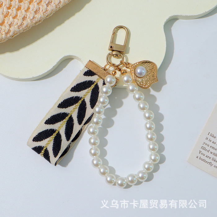 Wholesale Ribbon car alloy keychain pendant creative leaf striped pearl accessory bag decoration