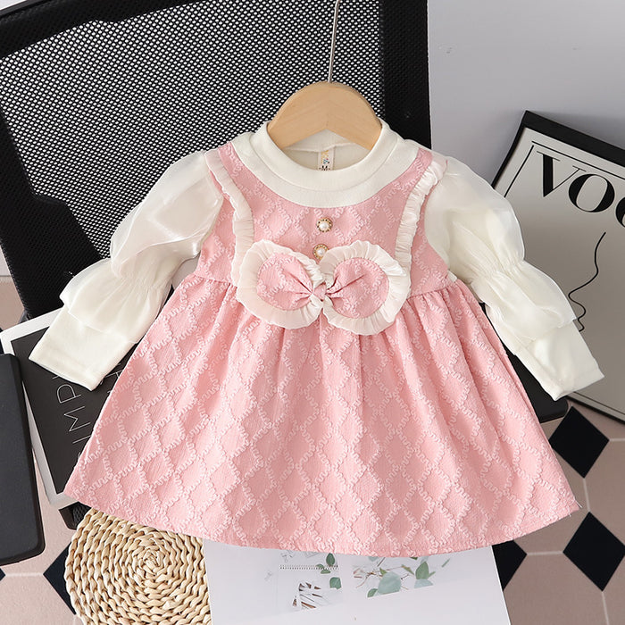 Wholesale Puff Sleeve Bowknot Round Neck Children's Overall Dress JDC-CTS-MianY024