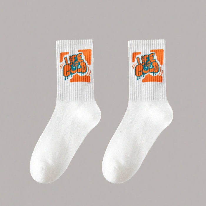 Wholesale 5pcs White socks men' s mid-calf socks autumn and winter basketball socks couple stockings black and white sports socks