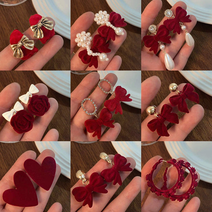 Wholesale Earrings Flocking Vintage Red Bow Love Heart JDC-ES-Xings004