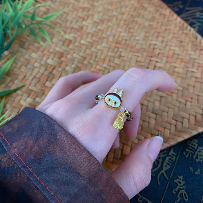 Wholesale Brown beaded ring retro niche tiger eye stone elastic rope ring cute unique ring