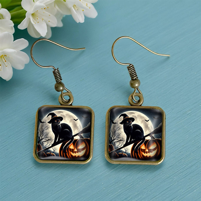 Wholesale  Black Cat Pumpkin Autumn Vintage Copper Square Time Gem Crystal Glass Earrings