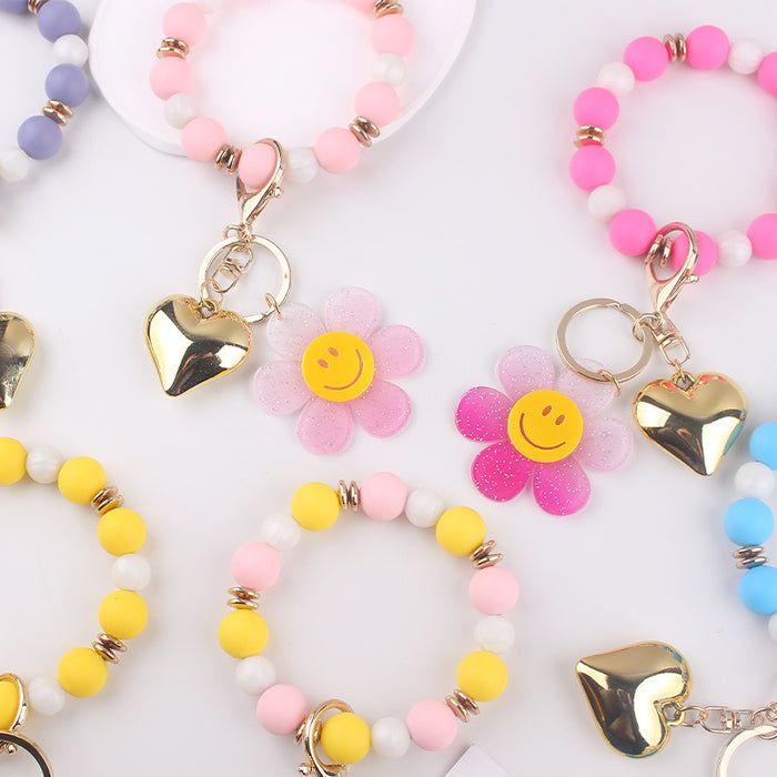 Wholesale Creative Silicone Beads Bracelet Keychain Cartoon Acrylic Smiley Sunflower Pendant Bracelet Key Ring Jewelry