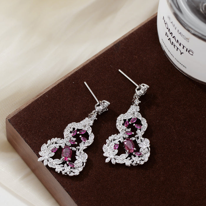 Wholesale Retro Hollow Pattern Color Diamond Ruyi Gourd Earrings Jewelry