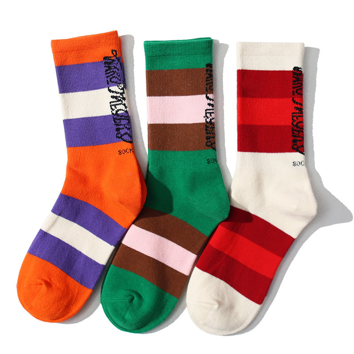 Wholesale Minority men's socks, color blocked striped couple socks, letter street women's socks, mid tube cotton socks