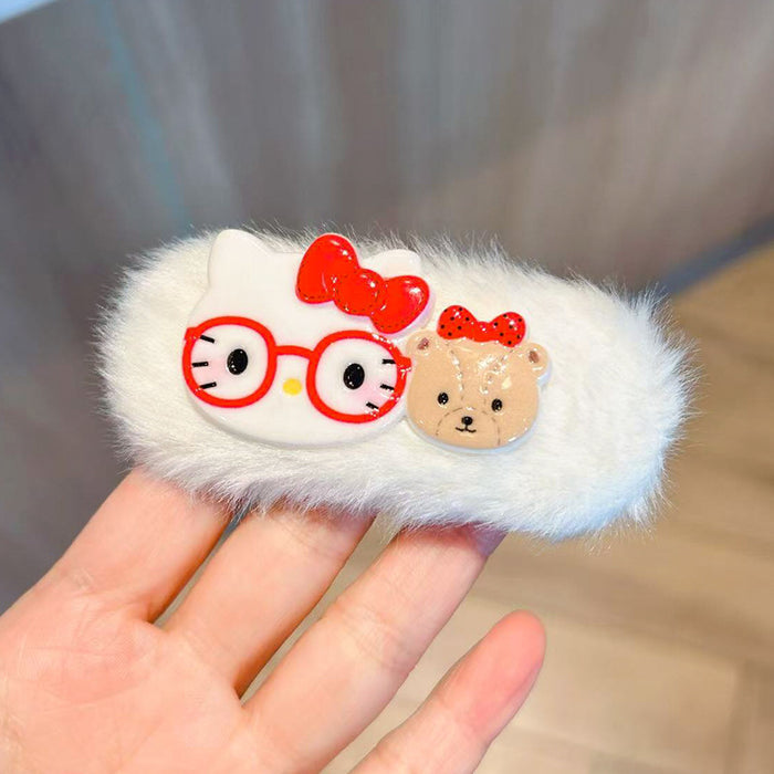 Wholesale Cute and able plush hair clip featuring a cat wearing glasses.