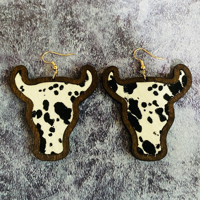 Wholesale Retro genuine leather earrings Western cow head leopard print horse hair inlaid wooden earrings