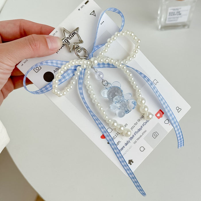 Wholesale Ribbon Bow Mobile Phone Chain Cute Bear Bag Hanging Jewelry Beaded Keychain
