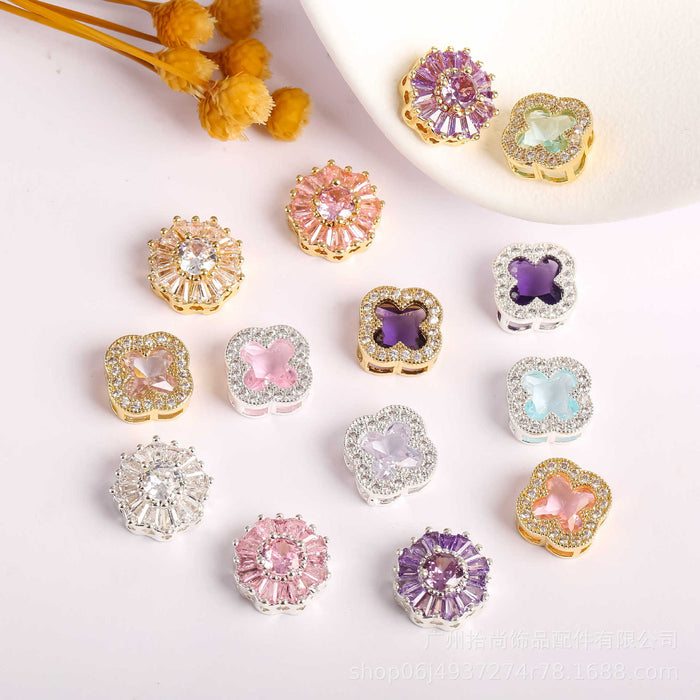 Wholesale 10pcs Micro inlaid zircon separated beads, four leaf clover round snowflake beads, porous scattered beads, DIY crystal bracelet string
