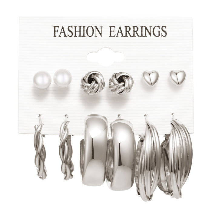 Wholesale 6-piece geometric pearl and diamond statement earring set