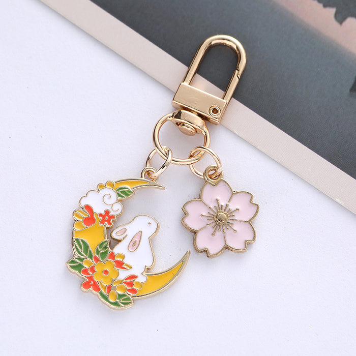 Wholesale Cherry Blossom Cute Moon Rabbit Pink Metal Keychain Bag Decoration