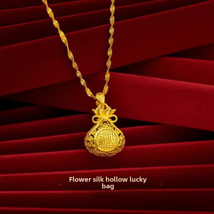Wholesale Sand gold filigree hollow out lucky bag pendant necklace, brass gold-plated retro hollow out money bag pendant necklace accessories