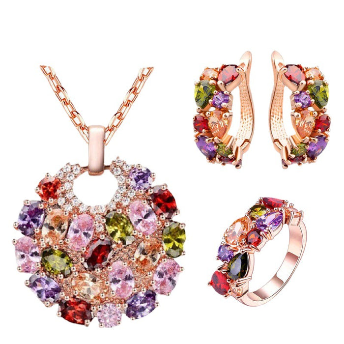 Wholesale Set of jewelry, colored zircon necklace, earring set, set of jewelry, three piece set
