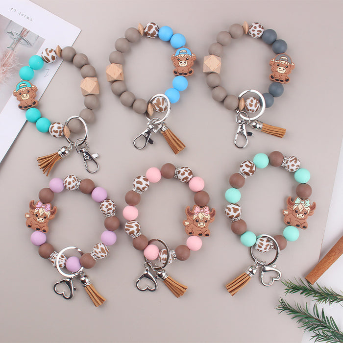 Wholesale Cartoon Cow Consumption Silicone Bracelet Keychain Silicone Handmade Beaded Bracelet