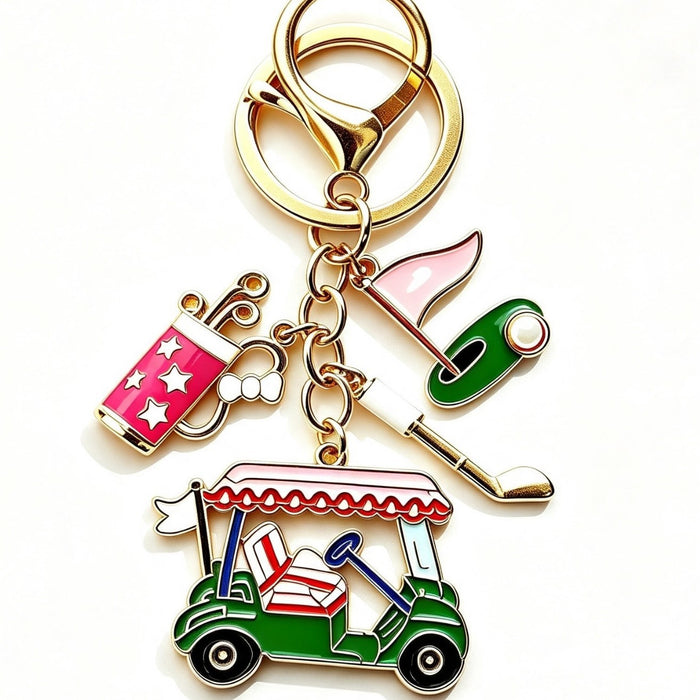 Wholesale Golf Themed Keychain With Rhinestone Pearl Accent Gold Metal Key Ring Fashion Car Key Accessory Everyday Gift For Resale