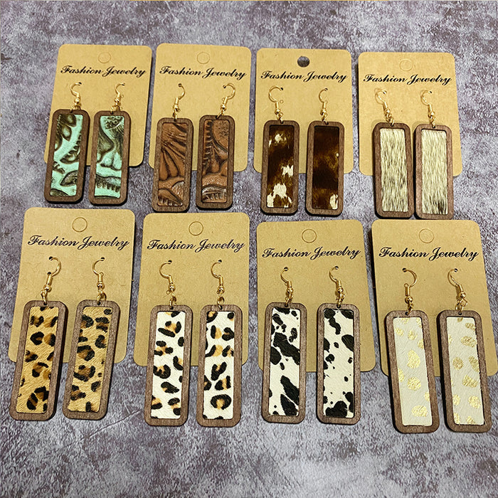 Wholesale leopard print simple bar genuine leather earrings retro geometric texture inlaid earrings