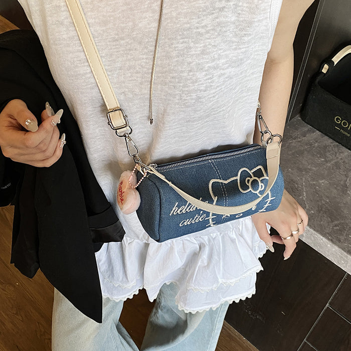 Wholesale Denim Canvas Embroidered Bag  Cute Mobile Phone Bag Crossbody Cylinder Bag