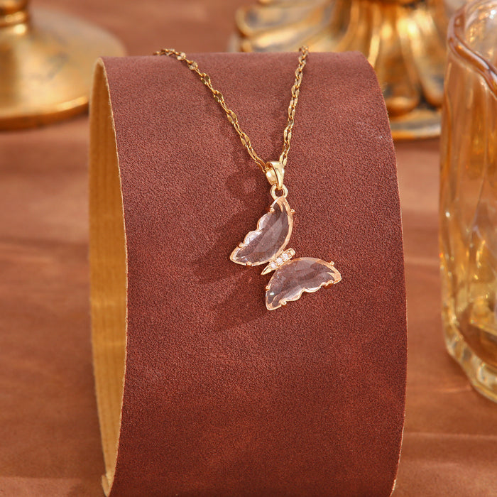 Wholesale Crystal butterfly zircon necklace, niche design, versatile collarbone chain, non fading titanium steel necklace