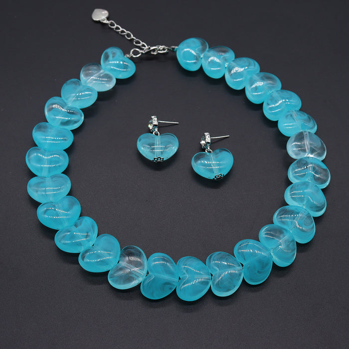 Wholesale Sense Color Beaded Love Cloud Heart Shape Peach Heart Necklace Earrings Blue