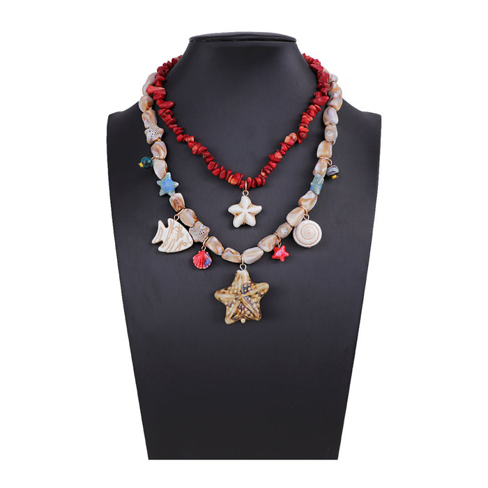 Wholesale Double-layer Stacked Turquoise Ceramic Starfish Fish Pendant Women's Necklace