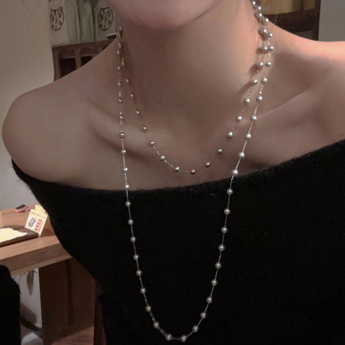Wholesale Pearl double-layer layered necklace, exquisite and fashionable collarbone chain, elegant and luxurious sweater chain