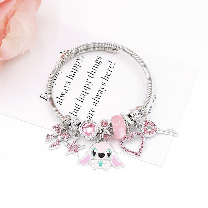 Wholesale Cartoon Charm Beaded Bracelet with Rhinestone Heart Stainless Steel Gift MOQ≥2