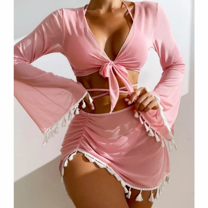 Wholesale Polyester Solid Color Tassel Cover Up, Mesh Short Skirt, Bikini Four Piece Set JDC-SW-ZhengY001