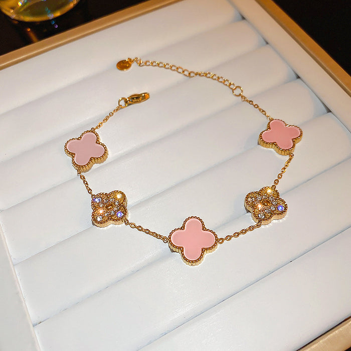 Wholesale Real Gold Electroplated Zircon Four-petal Flower Imitation Fritillaria Bracelet Light Luxury High-end Sense Bracelet Sweet All-match Bracelet Wholesale Women