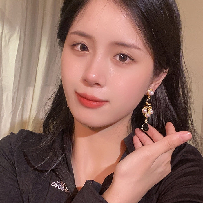 Wholesale Silver Needle Light Luxury Retro Fashionable Pearl Earrings Black Diamond Water Drop Earrings