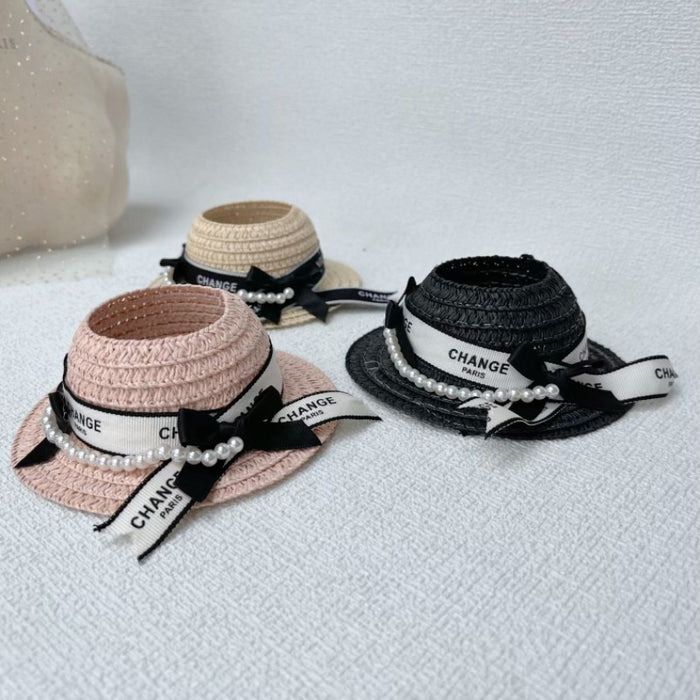 Wholesale Straw Hat Bow Cute Pearl Chain Straw Hat