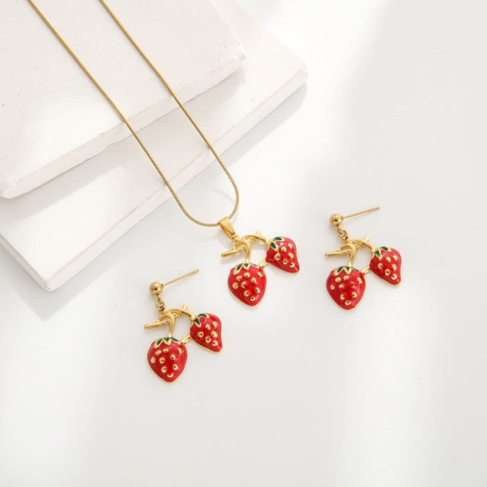 Wholesale Sweet fruit series strawberry cherry oil drop pendant stainless steel earrings necklace jewelry suit