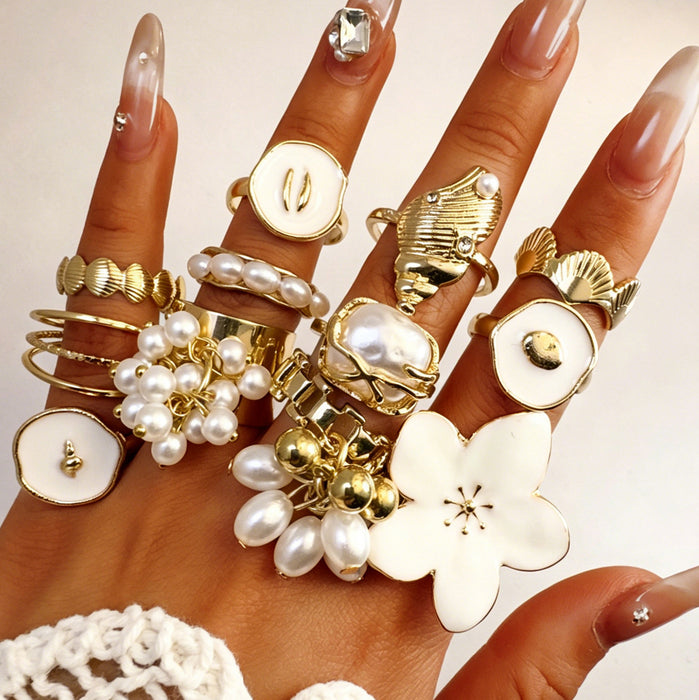 Wholesale Flower Pearl Ring Set – Fashion Accessory Dripping Oil Design MOQ≥5