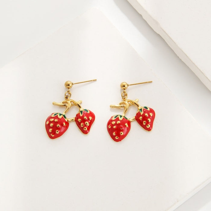 Wholesale Sweet fruit series strawberry cherry oil drop pendant stainless steel earrings necklace jewelry suit