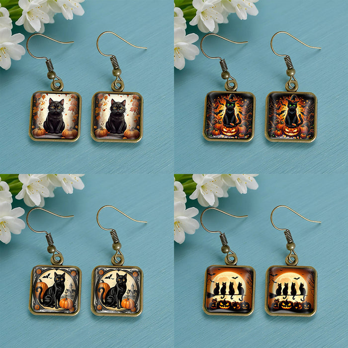 Wholesale  Black Cat Pumpkin Autumn Vintage Copper Square Time Gem Crystal Glass Earrings