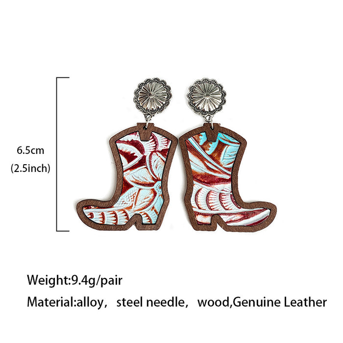 Wholesale Western Denim boots earrings classic leopard leather inlaid wood texture earrings