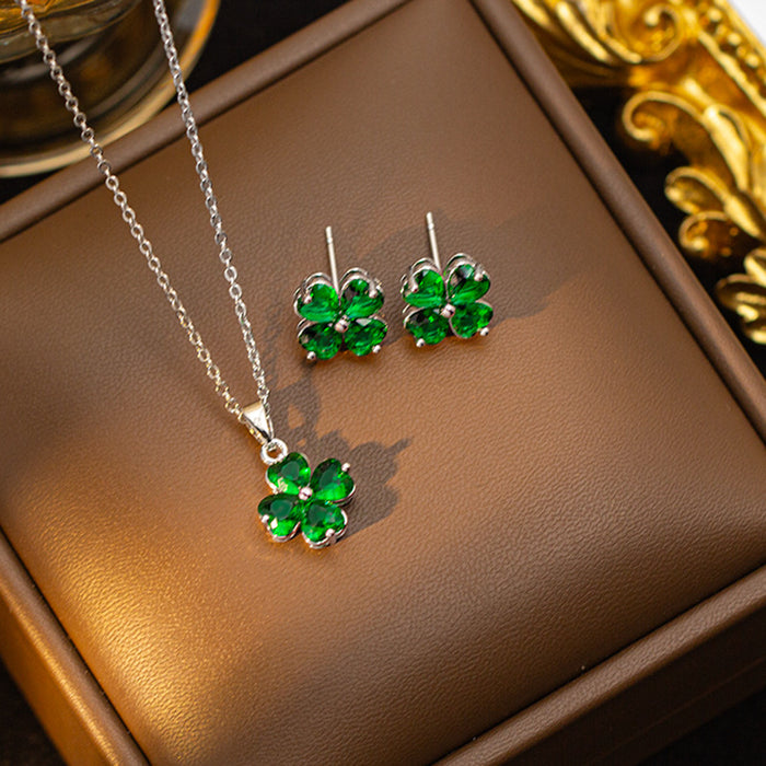 Wholesale Copper-set zircon four-leaf clover colored Titanium steel pendant necklace and earring set