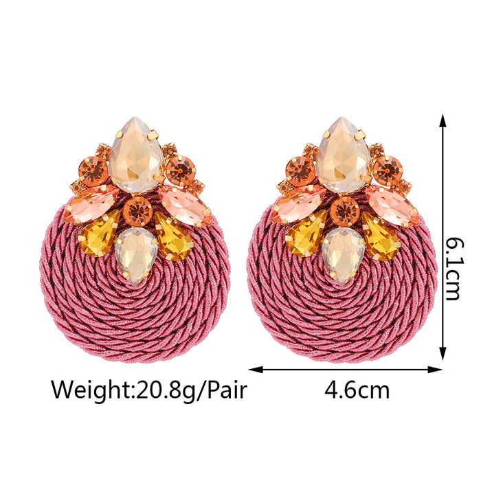 Wholesale Fashionable hand woven rope with circular inlaid colorful crystal earrings, elegant earrings and jewelry